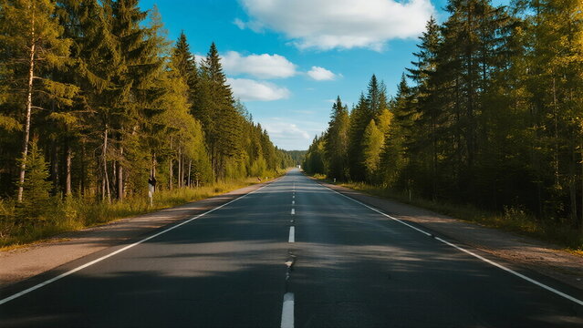 A long empty road surrounded by lush green trees under a clear blue sky