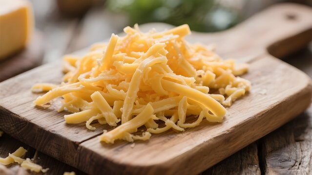 Organic Shredded Sharp Cheddar Cheese on a Cutting Board