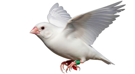 Isolated Java sparrow is flying with wings outstretched, small exotic finch, bird pets