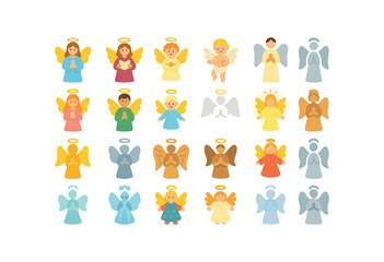 colorful flat vector icons Christmas Angels (Types) guardian angel choir angel child angel baby angel female angel male angel small angel tall angel golden angel silver angel white angel.