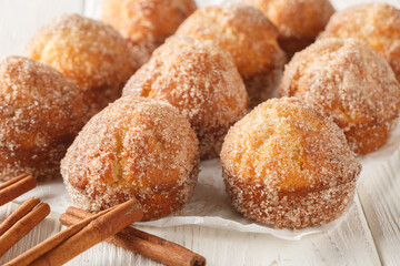 Freshly baked French Breakfast Puff muffins rolled in melted butter and coated with cinnamon sugar close-up on the wooden table. Horizontal