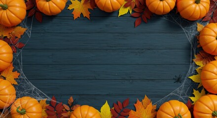 Orange pumpkins and autumn leaves on a blue wooden background. Thanksgiving, Harvest Festival or Halloween celebrations. Autumn decorations for holiday sale banner with copy space. Top view.	
