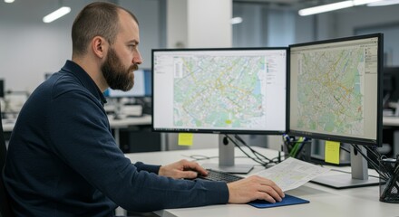 Dedicated transport planner analyzing maps and routes on dual monitors