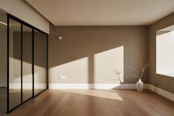 Modern minimalist interior space with large windows and wooden floors