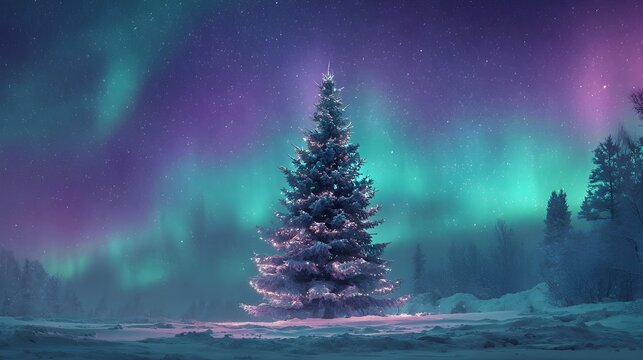 Solitary Christmas Tree under Northern Lights