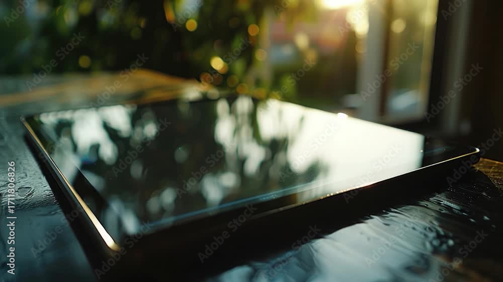 Poster a person is using a tablet computer on a wooden table, great for illustrations about technology and 