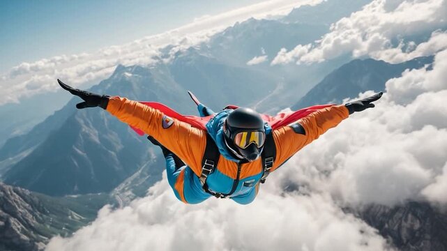A person jumps from an unknown height and deploys a parachute, floating gently to the ground