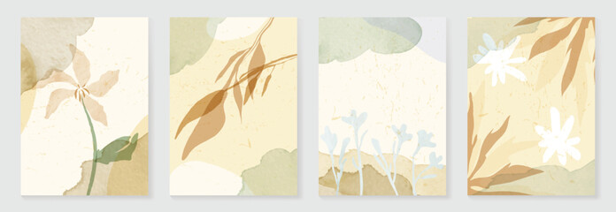 Abstract botanical poster vector set. Leaves, flower in earth tone colors. Illustration design for Eco packaging, interior, cover, wall art, wallpaper.