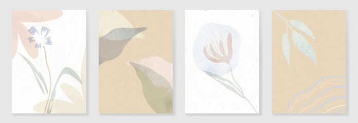 Fototapeta na wymiar Abstract botanical poster vector set. Leaves, flower in earth tone colors. Illustration design for Eco packaging, interior, cover, wall art, wallpaper.
