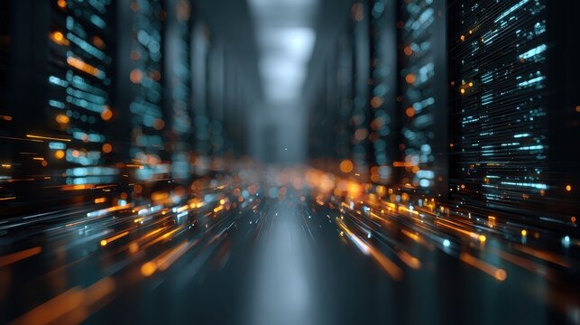 Fast data stream flowing through a digital network in cyberspace representing modern technology and digital transformation