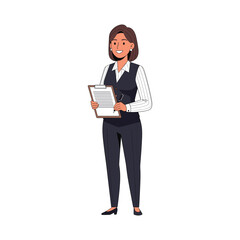 Smiling professional businesswoman standing and holding a clipboard with a pen, ready to take notes or complete tasks