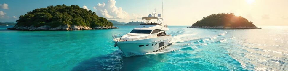 A sun-drenched yacht glides across turquoise waters, surrounded by lush islands under a vibrant summer sky The epitome of effortless luxury and summer escapism , yacht club, peaceful