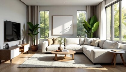 Fototapeta premium Stylish modern living room interior design with comfortable furniture and natural light streaming through large windows, creating a calm and inviting atmosphere , bright, bookcase