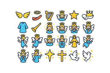 Fototapeta premium colorful flat vector icons Christmas Angels (Symbols) angel wings angel halo angel harp angel trumpet angel star angel crown angel robe angel sash angel light angel glow angel angel pray.