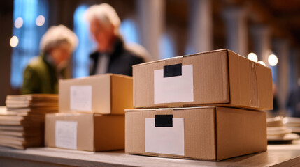 Cardboard boxes stacked on a wooden table in a warm, inviting space, with blurred figures in the background, creating a cozy atmosphere for Thanksgiving preparations
