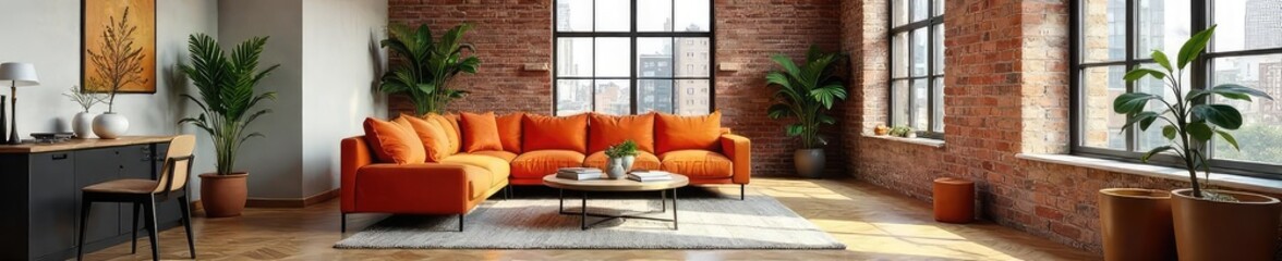 Stylish urban apartment interior with exposed brick walls, large windows, and modern furniture The scene features a minimalist aesthetic with pops of color and natural light , lighting, urban, rug