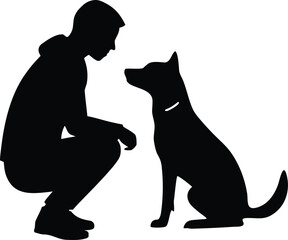  a person kneeling to a pet dog, black vector on white background