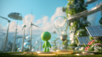 13. Green figure with floating lightbulb in futuristic eco-city with wind turbines and solar panels, concept of sustainable innovation