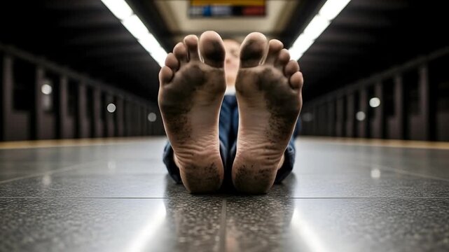 Dirty bare soles on subway platform urban background
