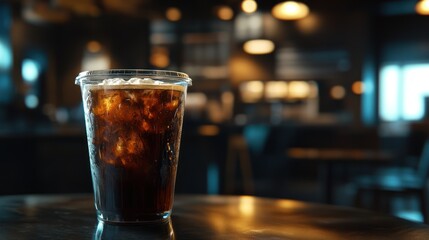 Refreshing iced beverage in clear cup on table with blurred background
