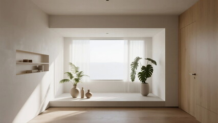 Fototapeta premium Minimalist interior space with natural light and plants