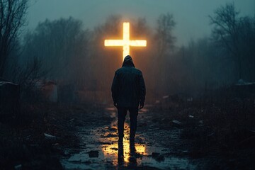 Portrait of a man standing outdoors, facing the rain and pleading for mercy with a glowing cross in the background. The image symbolizes mental health struggles, spiritual crises, Generative AI