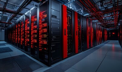 High-tech server room showcasing cloud computing, digital security, and software solutions for online storage, backup systems, and data integration, Generative AI