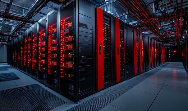 High-tech server room showcasing cloud computing, digital security, and software solutions for online storage, backup systems, and data integration, Generative AI
