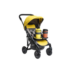 Modern Yellow Baby Stroller with Cup Holders, Isolated on Black Background
