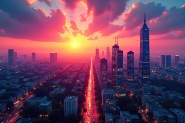 Obraz premium Vibrant Cityscape Sunset Business Growth and Expansion in a Bustling Metropolis