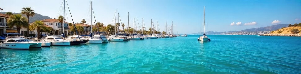 Sun-drenched California marina, sailboats bobbing gently on turquoise water, vibrant coastal landscape Perfect for travel, lifestyle, and nautical themes , sun, peaceful