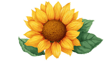 Obraz premium Close-up illustration of a single sunflower with its characteristic yellow petals radiating from a dark brown center. Two large, green leaves flank the flower. The style is illustrative,