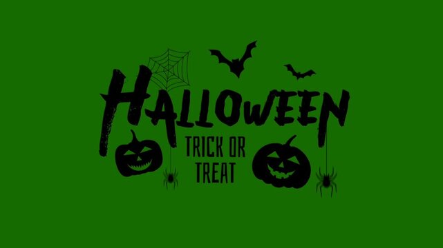 Happy Halloween text animated 4K, chroma key background. Halloween animation with bats, grave, moon and castle, green screen background. 