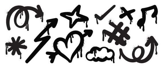 Graffiti doodle vector hand drawn black spray paint illustration with heart shapes, arrow, star, sparkle, cloud, dripping ink splatter. Elements on white background for banner, decoration, street art