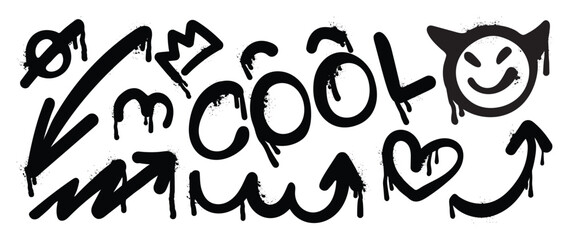 Graffiti doodle vector hand drawn black spray paint illustration with heart, arrow, devil, crown, text, scribble lines ink splatter. Elements on white background for banner, decoration, street art © TWINS DESIGN STUDIO