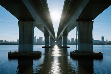 Sunlight shining through the bridge pillars over the water