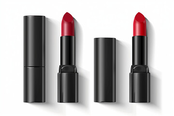 Obraz premium Lipstick tube template. Lip balm in a plastic black 3d realistic vector packaging, opened and closed, with red matt lip cream, isolated on white background. Lipstick color swatch set isolated on white