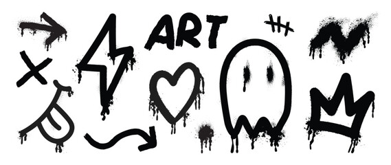 Graffiti doodle vector hand drawn black spray paint illustration with heart, arrow, smile face, crown, ghost, thunderbolt, ink splatter. Elements on white background for banner, decoration, street art