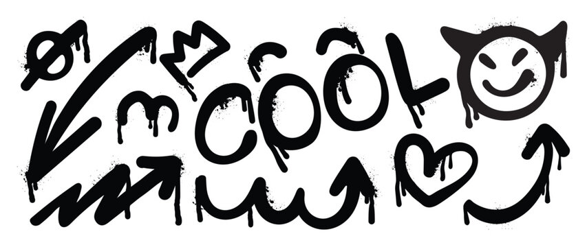 Graffiti doodle vector hand drawn black spray paint illustration with heart, arrow, devil, crown, text, scribble lines ink splatter. Elements on white background for banner, decoration, street art