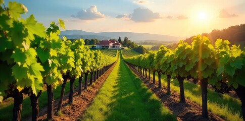 Fototapeta premium Sun-drenched rows of grapevines stretching towards a picturesque winery in the heart of wine country Lush greenery, ripe grapes, and the promise of a fine vintage , autumn, vineyard landscape