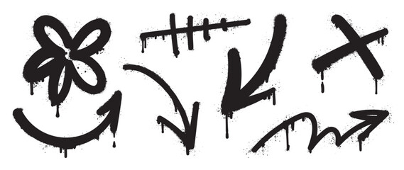 Graffiti doodle vector hand drawn black spray paint illustration with arrow, flower, cross, scribble lines and dripping ink splatter. Elements on white background for banner, decoration, street art.