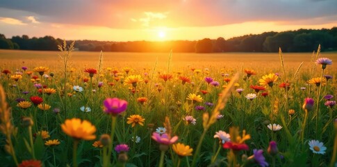Fototapeta premium Golden Sunset Meadow Wildflowers Dance in the Evening Breeze, a Stunning Natural Landscape