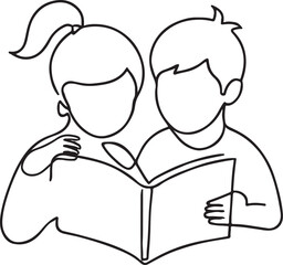 Modern illustration of kids reading a book in a continuous line drawing style with a minimalist back to school theme