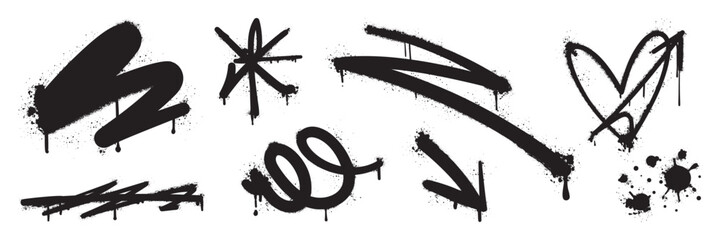 Graffiti doodle vector hand drawn black spray paint illustration with arrow, flower, heart, scribble lines and dripping ink splatter. Elements on white background for banner, decoration, street art. © TWINS DESIGN STUDIO