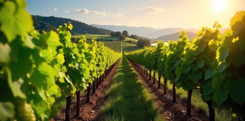 Sun-drenched vineyard rows stretching to a distant hillside, lush green vines heavy with ripening grapes, a picturesque winery backdrop perfect for wine labels or websites , sun, sky, drink