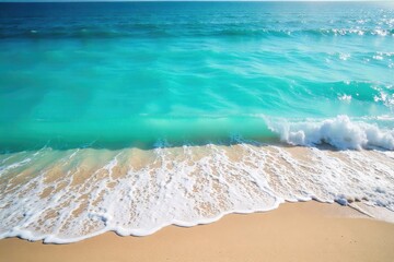 Sun-drenched turquoise waves crash on a pristine sandy beach, creating a mesmerizing summer scene Perfect for travel, vacation, or summer themed projects , summer, picturesque, coast