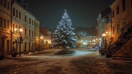 Fototapeta premium Christmas tree in town square glows with festive lights and xmas winter atmosphere