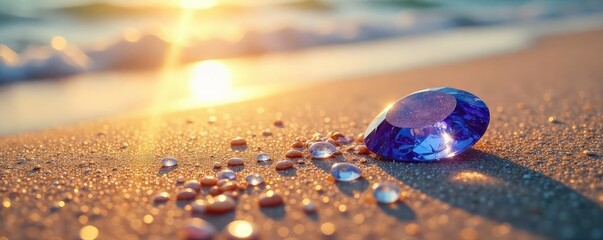 Sun-kissed beach, glittering jewels scattered across the sand, reflecting the sunlight  A tranquil scene of natural beauty and precious stones ,  sky,  vacation,  sunlight