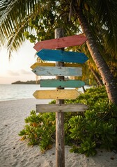 A colorful wooden pointer sign on a tropical beach surrounded by palm trees and turquoise ocean waves. Travel destination advertisement for tourism banner, poster, blog post with space.	

