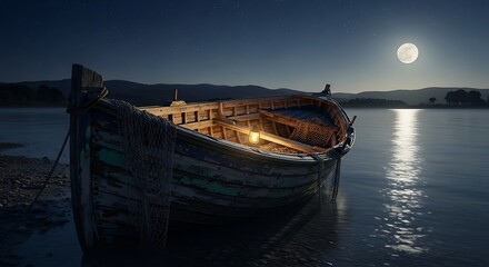 Moonlight Serenity on a Wooden Boat.
